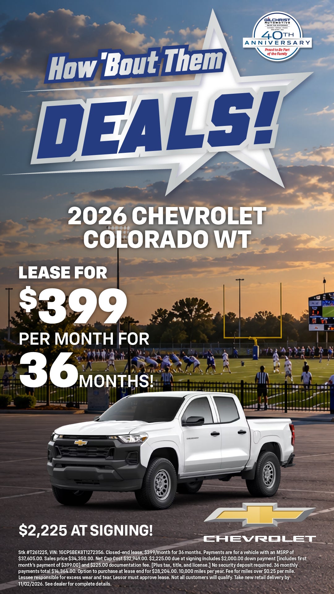Lease a 2026 Chevrolet Colorado WT for $399 a month in Terrell, TX!